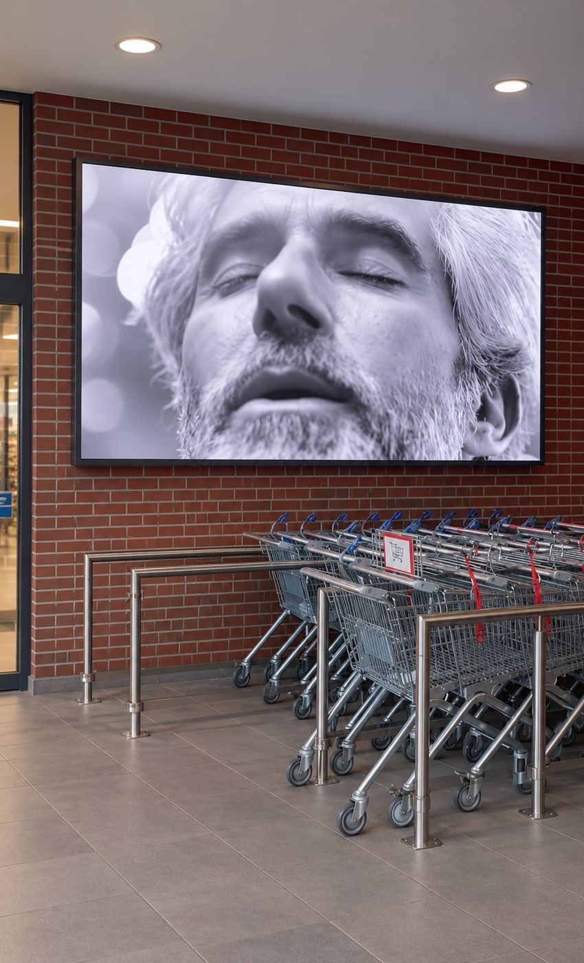 Großer Bildschirm an der Außenwand eines Marktes