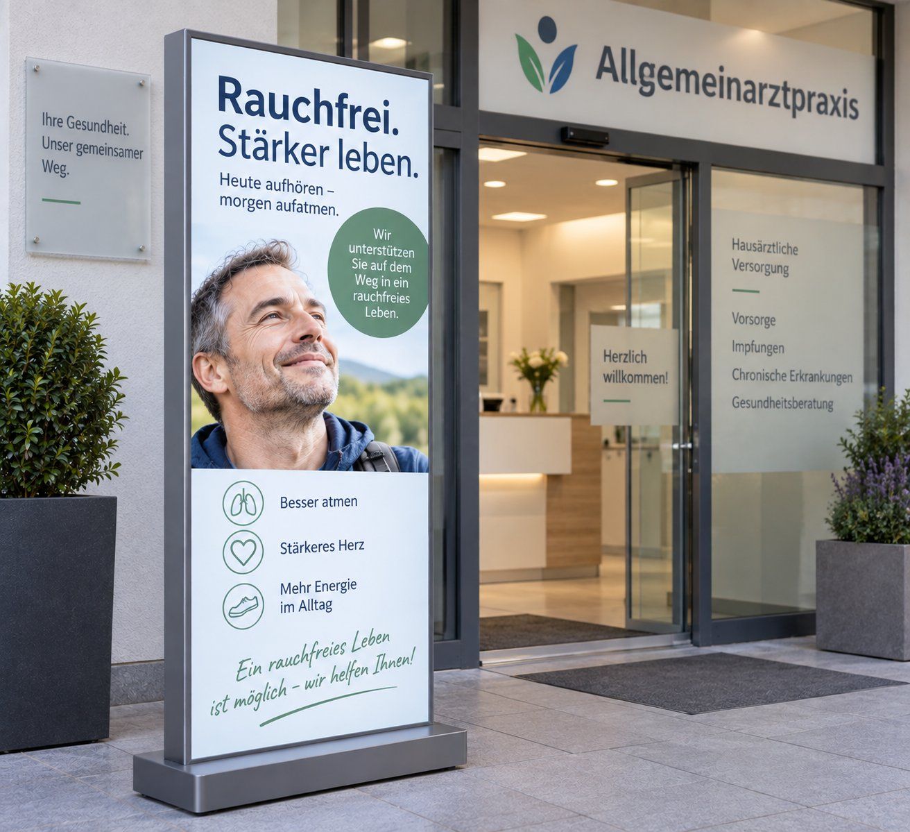 Digitale Stele vor dem Eingang einer Arztpraxis